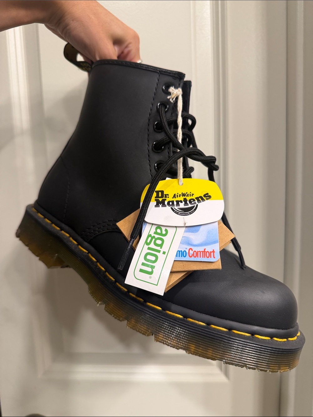 Dr. Martens Black Leather 8-Eye Combat Boot with Yellow Welt Stitching